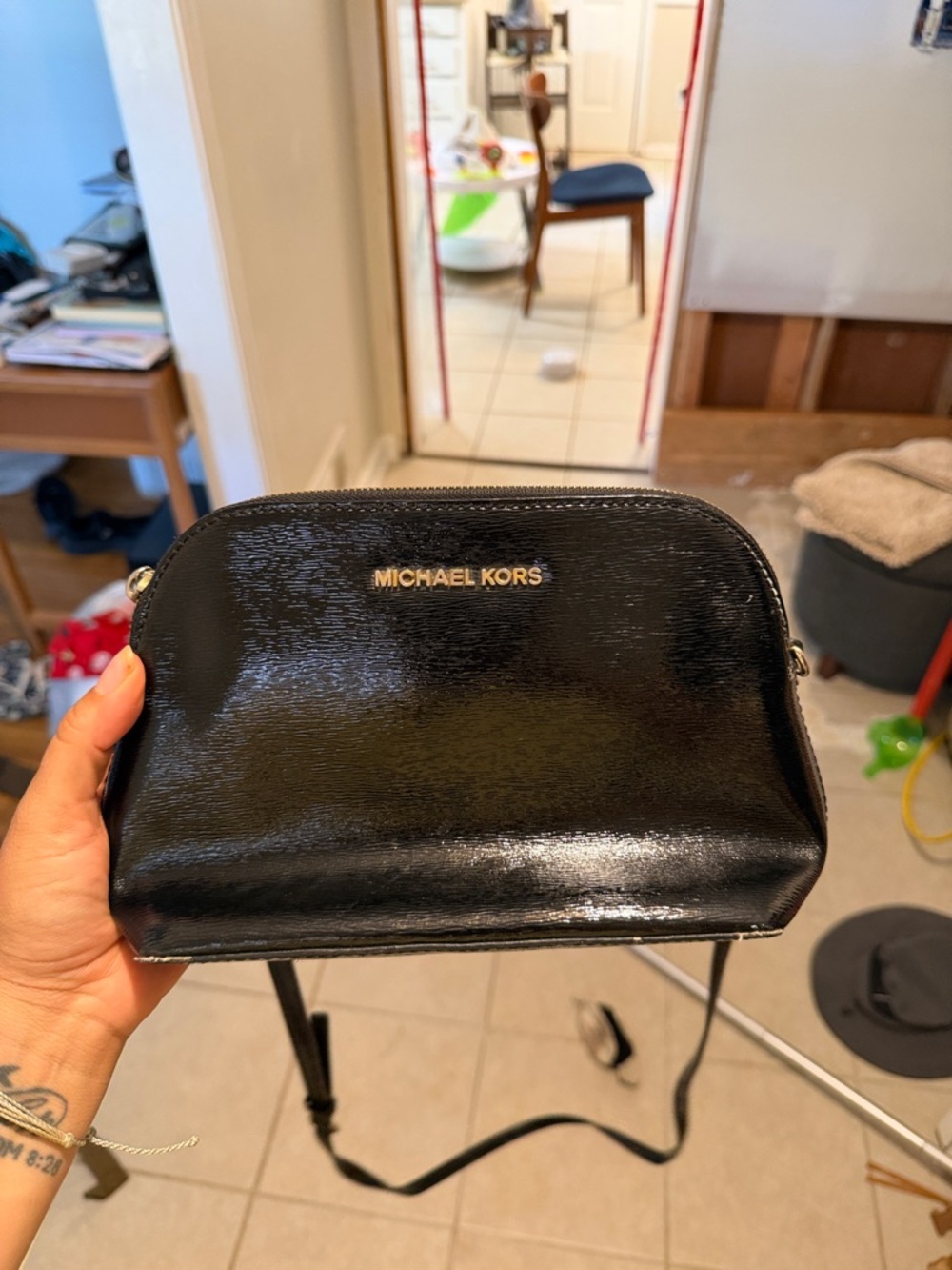 Michael Kors Black Patent Leather Dome Crossbody with Gold Logo